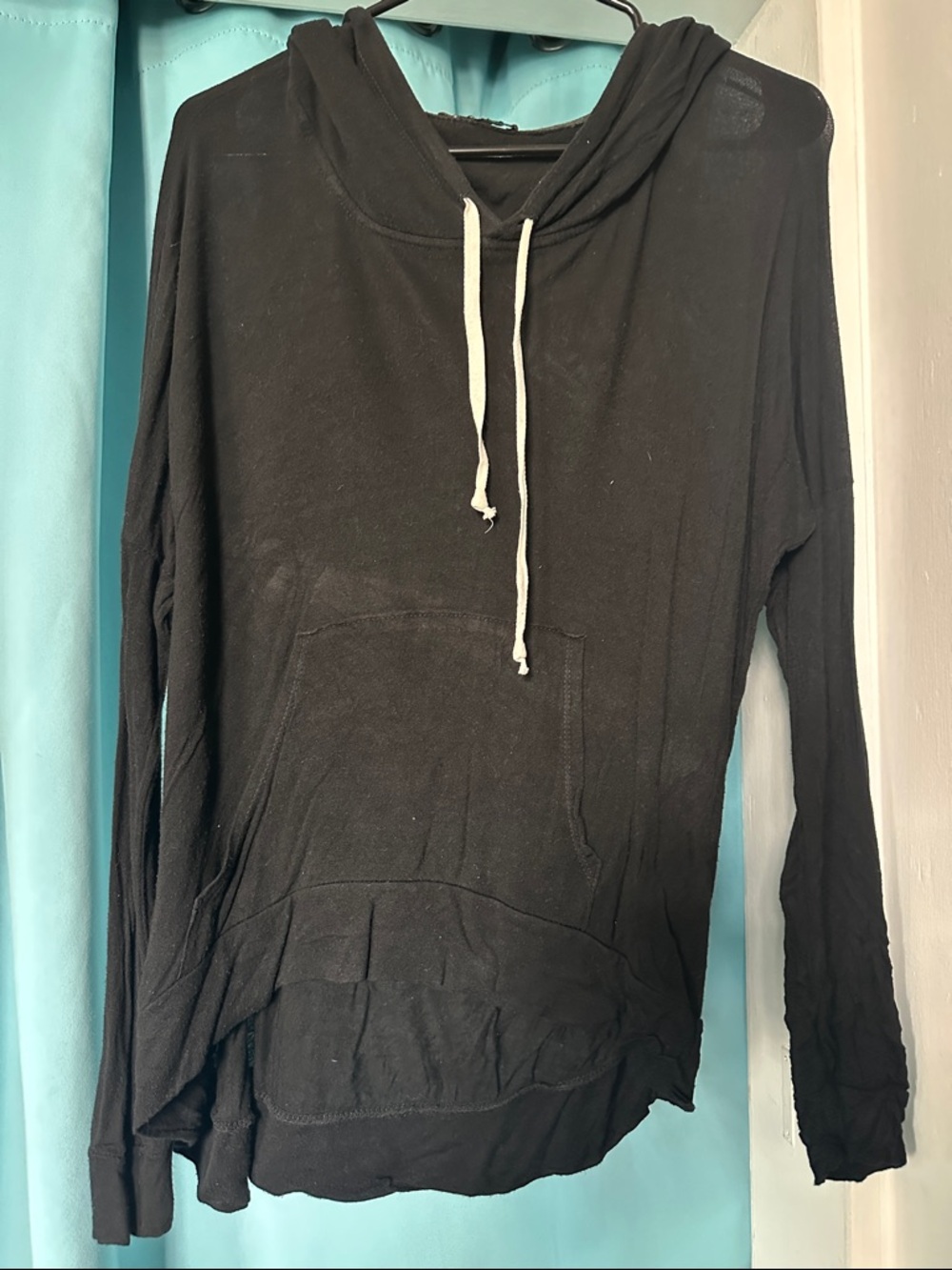 Brandy Melville Black Hooded Lightweight Sweater with White Drawstrings